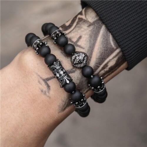 2Pcs/Set Vintage CZ Lion Head Crown Charm Men Bracelet 8mm Matte Stone Beaded Couple Bracelet Men 2020 Fashion Jewelry