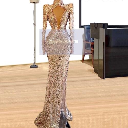 Sparkly High Neck Mermaid Evening Dress Floor-Length Long Sleeves Vestido de festa Sequins Prom Dress Celebrity Dress 2020 Dubai
