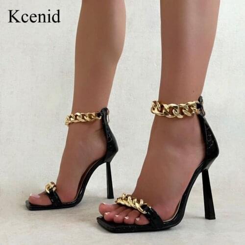 Kcenid New Womens Sexy Sandals Fashion Chain Square Toe Cover Heel Women Shoes High Heels Female Footwear Zipper Black Red