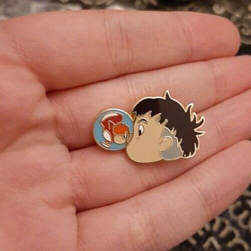 Cute Ponyos Sousuke Kiss Hard Enamel Pins Pastel Ponyo on The Cliff Anime Movie Brooches Women Men Backpack Collar Lapel Badges