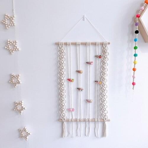 T5EC Nordic Boho Macrame Hair Bow Clips Holder Woven Tassel Hairpins Headband Organizer Wood Stick Wall Hanging Display Rack