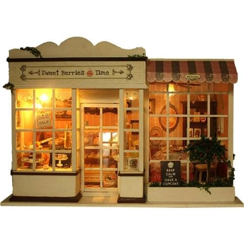 DIY Dollhouse Sweet Berries Time Assembly Voice Control Creative Handmake Cake Store Puzzle Model Building Kit Miniature Wooden
