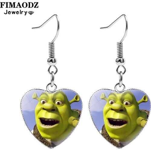FIMAODZ New Cute Shrek Anime Figure Drop Earrings Fashion Heart Shape Charm Cartoon Earring for Women Girls Party Fun Jewelry