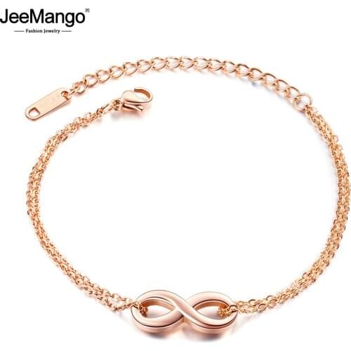 JeeMango Titanium Stainless Steel Infinity 8 Word Charm Bracelets For Women Rose Gold Bohemia Beach Chain Link Bracelet JB17086