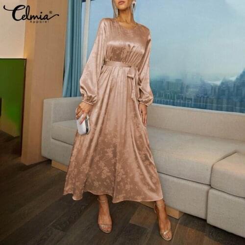 Celmia Fashion Women Satin Dress Belted 2021 Autumn Sexy Puff Sleeve V Neck Elegant Party Vestidos Casual Long Shirt Robes Femme