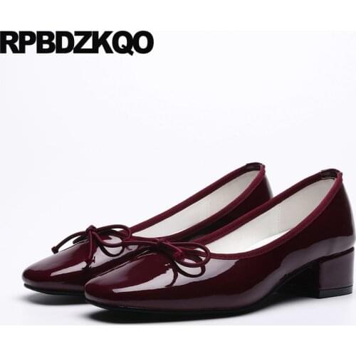 Chunky Thick Ladies Low Heels Shoes Nude Wine Red Pumps Modern Bow Green Size 4 34 Japanese Square Toe Patent Leather 2021 33