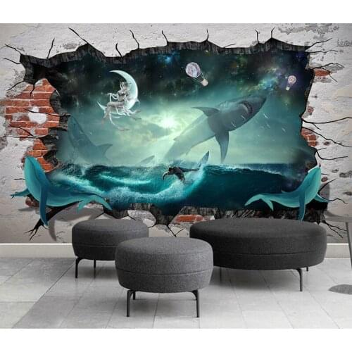 Bacaz Sea World Whale Shark Starry Moon 3d Brick Wallpaper Mural 3d Wall Mural for Bedroom Sofa Background 3d Wall paper Murals