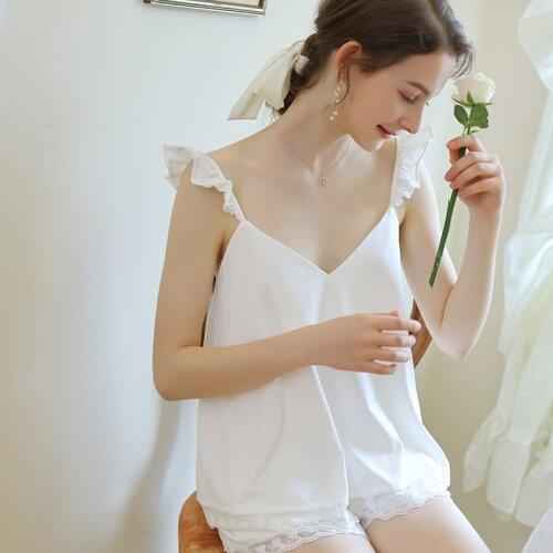 2021 Summer New Lace Suspender Shorts Simple Pajamas Women Sleeveless Spaghetti Strap V-neck Cotton Two Piece Set Home Clothes