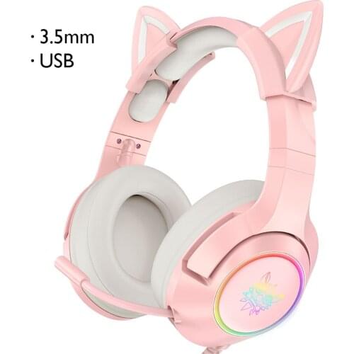 New product K9 pink cat ear cute girl gaming headset with mic USB + 3.5mm4Pin HiFi 7.1 channel RGB wired headphone