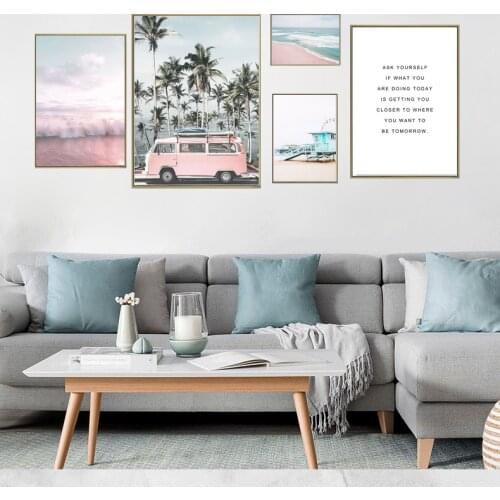 Ocean Landscape Canvas Poster Nordic Style Beach Pink Bus Wall Art Print Painting Decoration Picture Scandinavian Home Decor