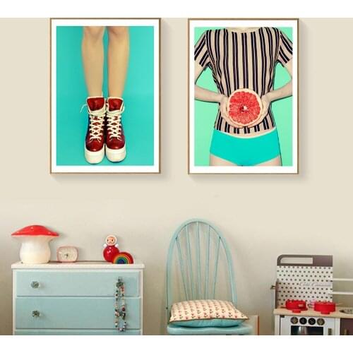 Green Style Poster Grapefruit And Girl Decorative Picture Modern Wall Art Red Shoes Paintings for Living Room Home Decor