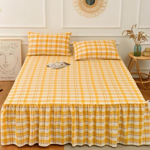 Cilected Nordic Ins Simple Cotton Geometric Lattice Bed Skirt Bedspread Summer Soft Non-Slip Mattress Protection Cover Decor