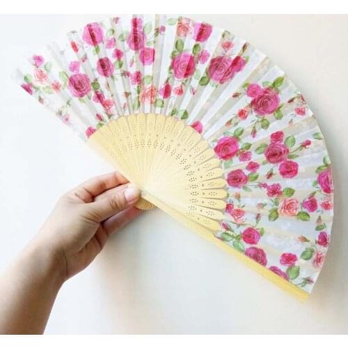 100pcs Elegant Plum Cherry Blossom Silk Fan Wedding Favors Rose Flower Hand Fan Design Ideas Gift Customized LOGO ZA6009