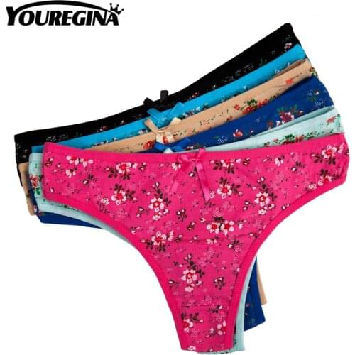 YOUREGINA Women Sexy Cotton G-string Bikini Thongs Underwear Panties Floral Print Comfortable 6pcs/lot Lingerie Intimates M L XL