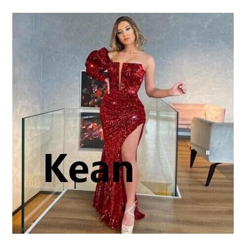 Sequins Slit V Neck One Sleeve Evening Dresses Mermaid Special Occasion Dress Islamic Dubai Kaftan Saudi Arabic Prom Dress