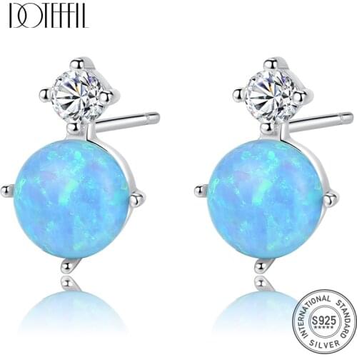 DOTEFFIL Opal Cute Fake Earrings for Girls 925 Silver Blue Fire Opal Earring Studs Fine Jewelry Brincos Para As Mulheres Party