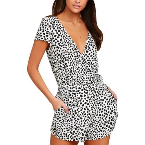 QRWR Summer 2020 Casual Short Sleeve Shorts Jumpsuit Women V Neck Leopard Bodysuit Sexy Backless Lace Up Women Jumpsuit
