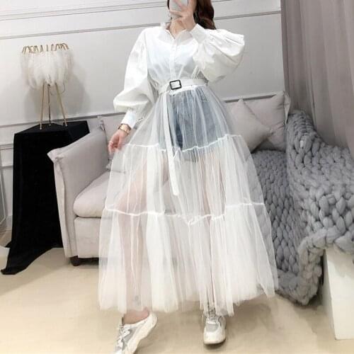 SeeBeautiful New Fashion Spring 2021 Stand Neck Lantern Sleeve Mesh Single Breasted Belt Overknee Loose Dress Women W356