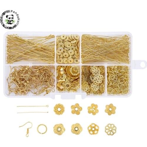 1 Box Golden Jewelry Findings 10g Iron Earring Hooks Brass Ball Headpin Iron Jump Rings Eyepins Alloy Spacer Beads 15g Bead Caps