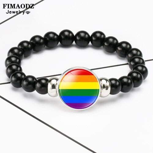 FIMAODZ Rainbow Flag Lesbian Gay Pride Beaded Bracelet Charm Glass Time Gem Women Lady Bracelets Valentines Day Gift