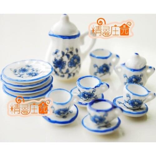 G05-X4320 children baby gift Toy 1:12 Dollhouse mini Furniture Miniature rement ceramics tea set 15pcs/set blue flower