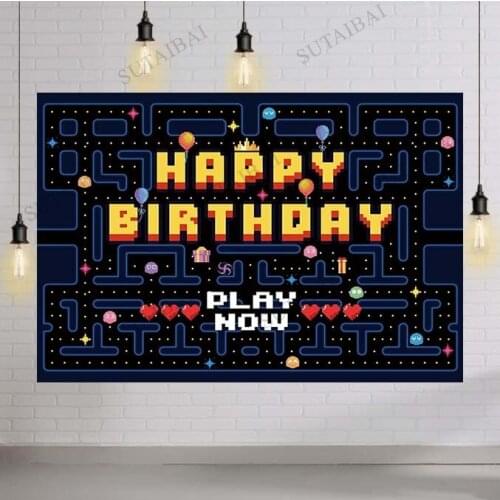 Happy Birthday Video Game on Backdrop for Boys Kids Retro Gaming Bday Party Photography Background Decorations Cake Table Banner