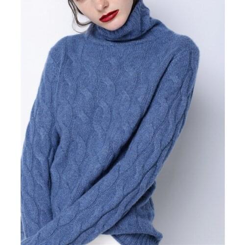 Cashmere wool blend twisted knit women thick pullover sweater piles collar wide loose solid color S-XL retail wholesale