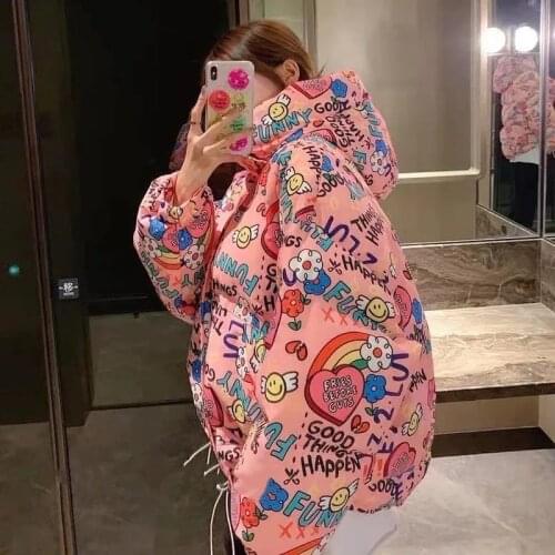 Short Print Down Coats Women Warm Winter Jackets Pink Cartoon Down Parkas Woman Thicken Warm Outwear Winter Clothing Parka Coat