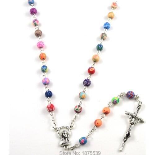 Colorful round ploy clay bead catholic rosary 6 mm round best selling rosary necklace