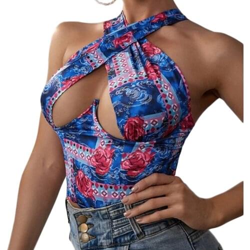 Women’s Sexy Hollow Cross Halter Vest tank top ,Fashion Printing Backless Exposed Navel Camisole for Summer