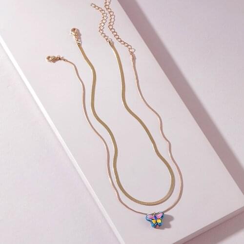 Trendy Exquisite Two Layered Gold Color Short Snake Chain Necklace With Painted Butterfly Pendant For Women