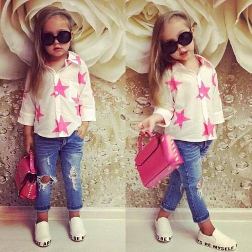 Fashion Style for baby girls of long sleeves tops shirt with Stars Printed+jeans pants autumn summer sets children clothes suit