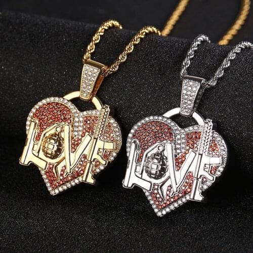 Hip Hop Claw Setting AAA+ CZ Stone Bling Iced Out Grenade Gun Love Heart Pendants Necklaces for Men Women Lover Rapper Jewelry