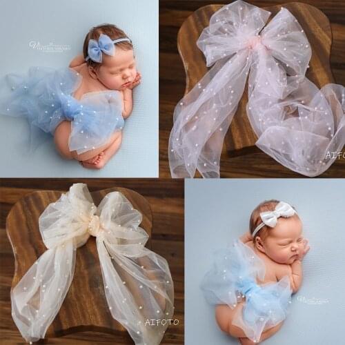 Newborn Photography Props Girls Pearl Lace Layering Baby Wrap Neutrals Bebe Photo Wraps as a First Picutre Tie Butterfly Swaddle