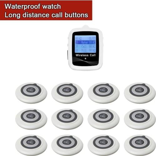 Restaurant Pager Wireless Waiter Calling System 1 Watch Receiver White +12 Single Key Long Distance Transmitter