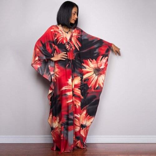 Riot Of Flowers Maxi Dress Batwing Long Sleeve Oversize Maxi Floor Length Dress Party Gown V-Neck Tunic Laid Back Resortwear