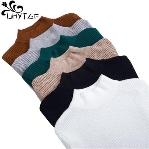 UHYTGF Casual Winter Clothes Knitted Sweater Womens Half Turtleneck Sweater Long Sleeve Pullovers Wild Slim Warm Female Tops 157