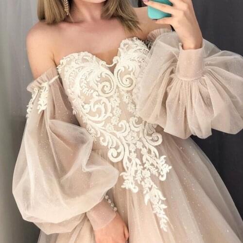 Dusty Pink Wedding Dresses Fairy Puff Long Sleeve Bridal Dress Lace Beaded Glitter Shiny Wedding Gowns Corset Back Casamento