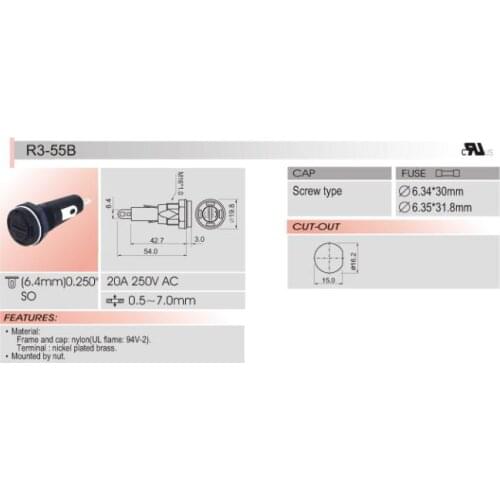 R3-55B Taiwan imported SCI fuse holder 20A250V 6 * 30MM large current fuse holder