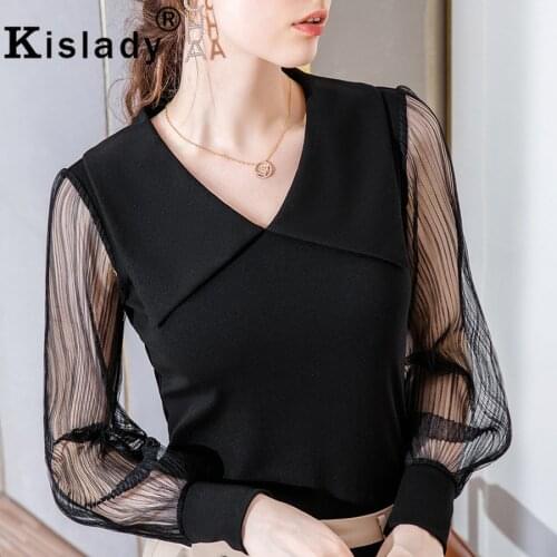 Spring Autumn Deep V-Neck Long Sleeve Gothic Shirt Sexy OL Patchwork Harajuku Hollow Out Shirt Korean Elegant Charming Clothes