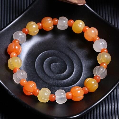 Handmade Mining Area Gold Silk Jade Surface Material Gem Light Pumpkin Halloween Pumpkin Bracelet Hand String Candy Bracelet