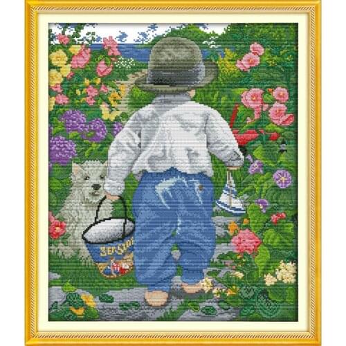 The garden boy painting counted print on canvas chinese cross stitch kits embroidery needlework sets baby room decor DMC 14CT