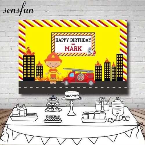 Sensfun Building On Fire Truck Firemen Theme Backdrop Yellow Black Boys Birthday Party Photography Backgrounds For Photo Studio