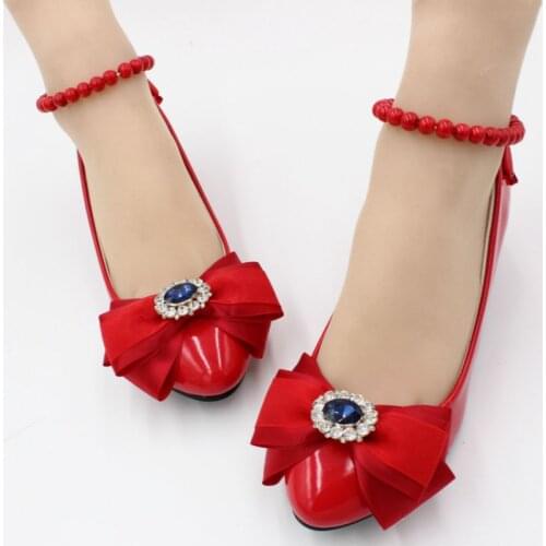3CM heel red lace party pumps shoes woman satin bow butterfly-knot beading ankle straps ladies girls party dancing dress shoe