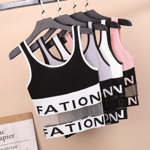 High Waist Sling Vest Women Outer Wear Slim Letter Mesh Splicing T Shirt Contrast Color Top