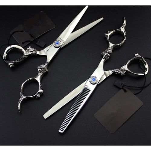 High quality 6 inch japan 440c gem Dragon hair scissors haircut thinning shears makeup cutting barber hairdressing scissors set