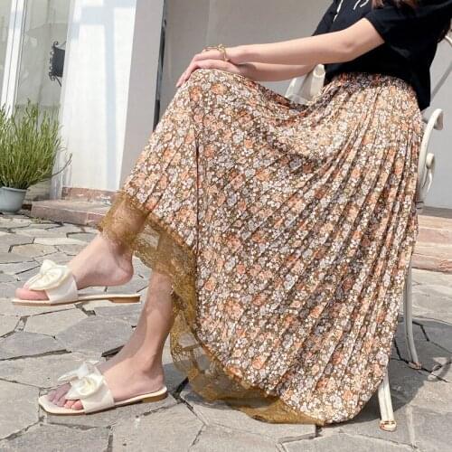 Ruffled Vintage Skirts Ladies Causel Elegant Floral Lace Skirt Women Vacation Print Long Skirts Female Spring Summer Beach