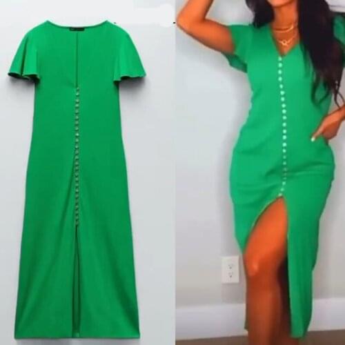 Green Midi Ribbed Summer Dresses Women 2021 Casual V-neck Short Ruffle Sleeve Dress Fashion Button Slit Hem Ladies Party Fitout