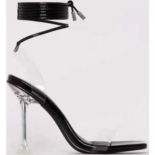 Women Sandals Sexy High Heels Ladies Fashion Summer Shoes Female Ankle Cross Strap PU Transparent Square Toe Party Footwear