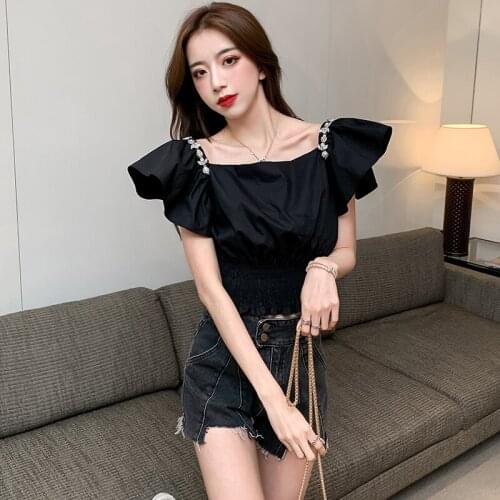 Summer Women Shirts Elegant Fashion Rhinestone Flying Sleeves Crop Top Blouse Women Ruffle Shirt Elastic Waist Ladies Short Tops